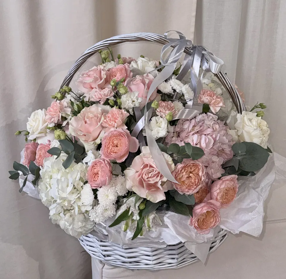 Композиция в корзине с гортензией и розами